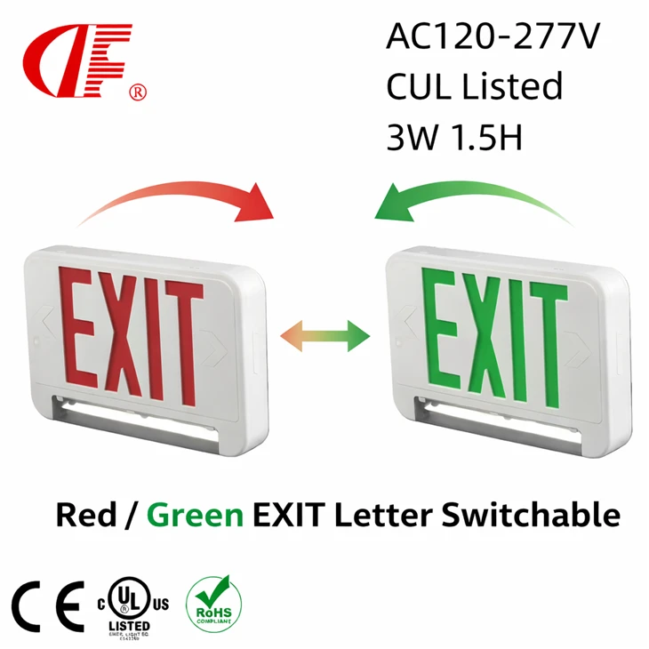 Universeel LED-uitgangsbord Rood/Groene LED Voor UL 924-gecertificeerd 120/277VAC Vaste batterij Backup IP20 1.5H 3 jaar garantie bij noodgevallen